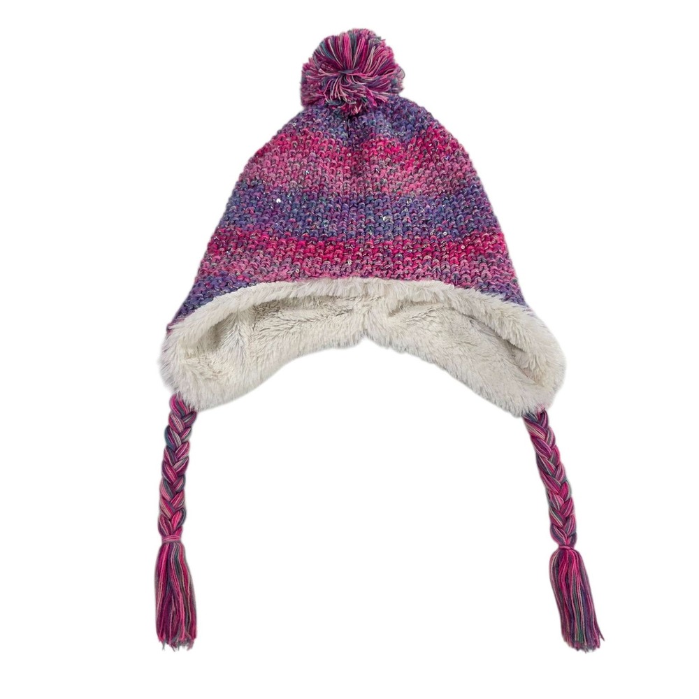 Elli by Capelli Knit Trapper Hat Pom Pom Faux Fur Lined Pink Purple‎ M/L Winter